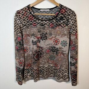 Vintage Womens Y2K Indie Grunge Sweater Sz L Boho Asian Print Casual Brown Comfy